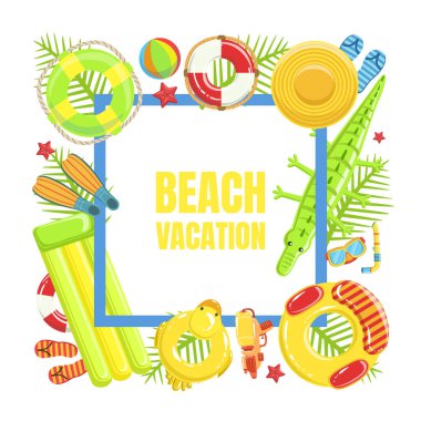 Plaj Tatil Sancak Şablonu, Yaz Gezisi Plaj Aksesuarları Vektörü İllüstrasyonu