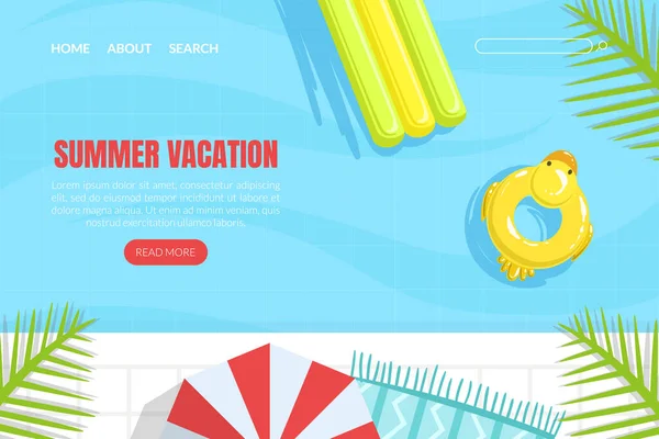 Summer Vacation Landing Page Sablon, Summertime Traveling, Pool with Colorful Floats Web Page, Mobil alkalmazás, Homepage Vector Illusztráció — Stock Vector