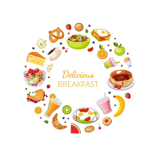 Delicious πρωινό Banner πρότυπο με φρέσκα νόστιμα πιάτα γεύμα πρωί της κυκλικής σχήμα πλαίσιο διανυσματική εικονογράφηση — Διανυσματικό Αρχείο
