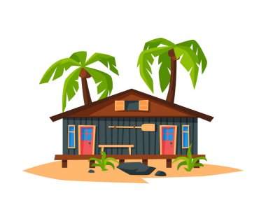 Deniz ya da Okyanus kıyısındaki sahil bungalovu, Tropikal Yaz Tatil Kulübesi Tahta Kulübe ve Palm Trees Vector Illustration