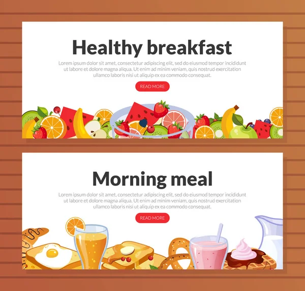 Healthy Breakfast Morning Meal Dishes Landing Page Templates Set with Fresh Tasty Food and Place for Text Vector Illustration — Stock Vector