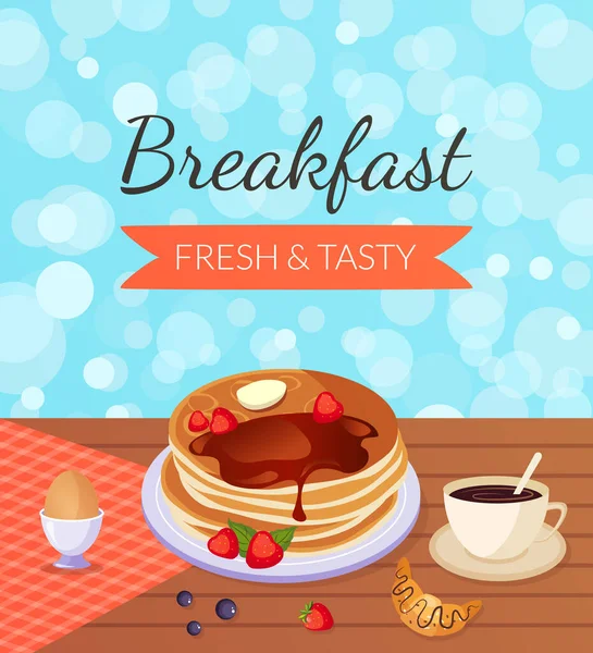 Plantilla de banner de desayuno fresco y sabroso, menú de comida de la mañana Diseño Vector Ilustración — Vector de stock
