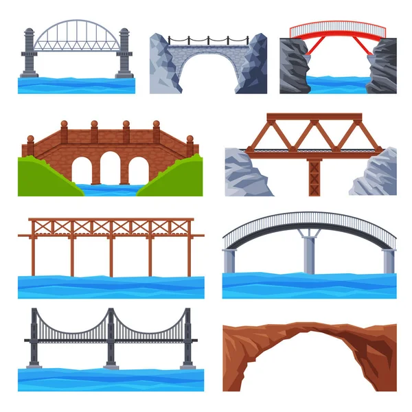 Diverse Bruggen Collectie, Stedelijke Architectuur Design Elementen, IJzeren, Houten en Stenen Bruggen Platte Vector Illustratie — Stockvector