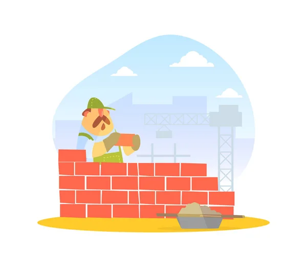 Male Builder Laying Bricks in Wall, Construction Worker Character Vector Illustration — Stock Vector