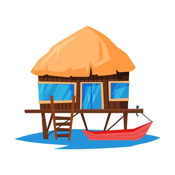 Bungalow da spiaggia sull'acqua del mare tropicale, cabina in legno per le vacanze al mare estive e illustrazione vettoriale della barca — Vettoriale Stock