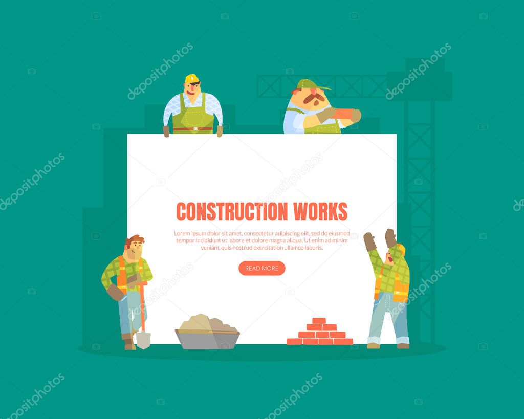 Construction Works Landing Page Template, Engineering, Company, House Renovation, Building Construction Web Page Vector Illustration