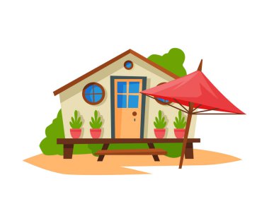 Tropikal Plaj kıyısındaki ahşap bungalov, Yaz Denizi Tatil Kulübesi Vektör İllüzyonu