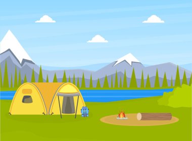 Dağlı ve Göllü Doğal Manzara Turist Çadırı, Yaz Maceraları Vektörü İllüstrasyonu