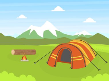 Doğal Dağ Manzarası Turist Çadırı, Açık Hava Eylemleri Vektörü İllüstrasyonu