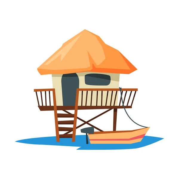 Bungalow de playa tropical en el agua, cabaña de madera de vacaciones de verano con techo de paja e ilustración del vector del barco — Vector de stock