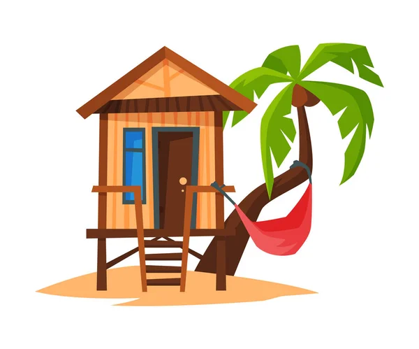Bungalow tropicale sulla costa del mare o dell'oceano, capanna di legno della spiaggia per l'illustrazione vettoriale di vacanza estiva — Vettoriale Stock
