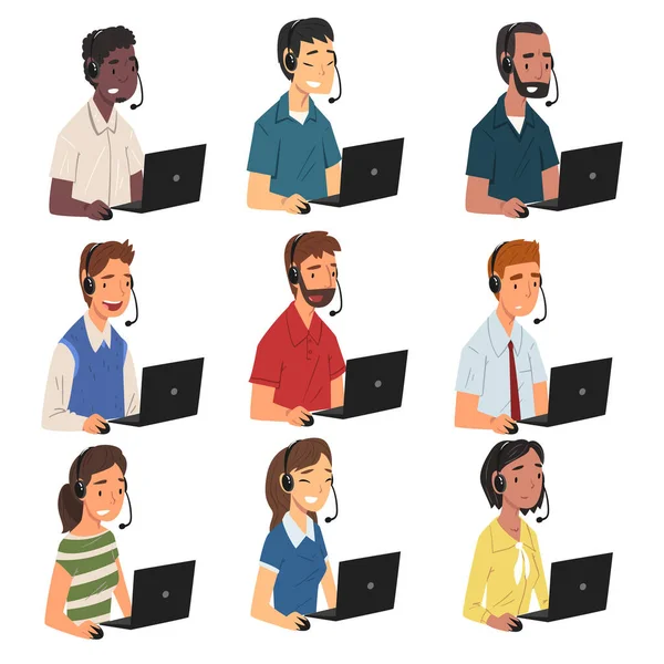Collection of Call Center Operators, Male and Female Online Customer Support Service Assistants with Headset, Help Desk, Technical Support Vector Illustration - Stok Vektor