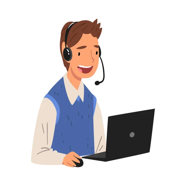 Smiling Male Call Center Operator, онлайн-помічник служби підтримки клієнтів з гарнітурою Консалтинг Клієнт, Довідковий стіл, Технічна підтримка Векторні ілюстрації — стоковий вектор