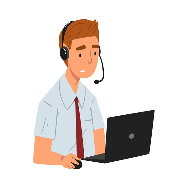 Cheerful Male Call Center Operator, Customer Support Service Assistant met Headset, Help Desk, Online Technische ondersteuning Vector Illustratie — Stockvector