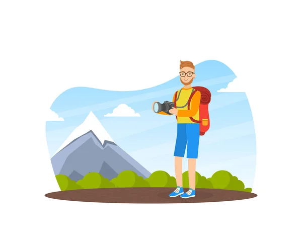 Cheerful Man Taking Photos on Nature, Male Tourist in Outdoor Mountain Landscape, Summer Holidays Adventure Vector illustration — Stock Vector