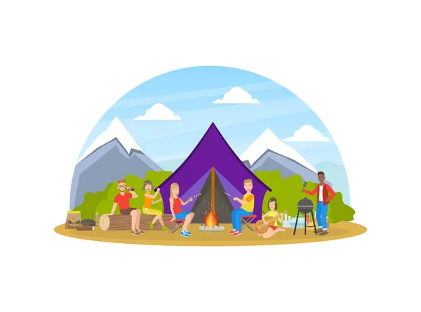 2015 년 12 월 1 일에 확인 함 . People Camping and Hiking on Nature, Cheunulous Tourists in Mountain Landscape, Summer Holidays Adventure Vector illustration — 스톡 벡터