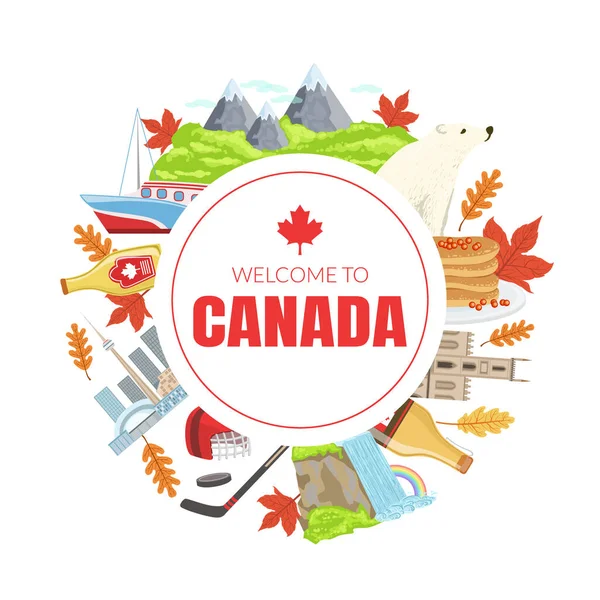 Canada Banner Template con simboli culturali nazionali canadesi di forma rotonda illustrazione vettoriale — Vettoriale Stock