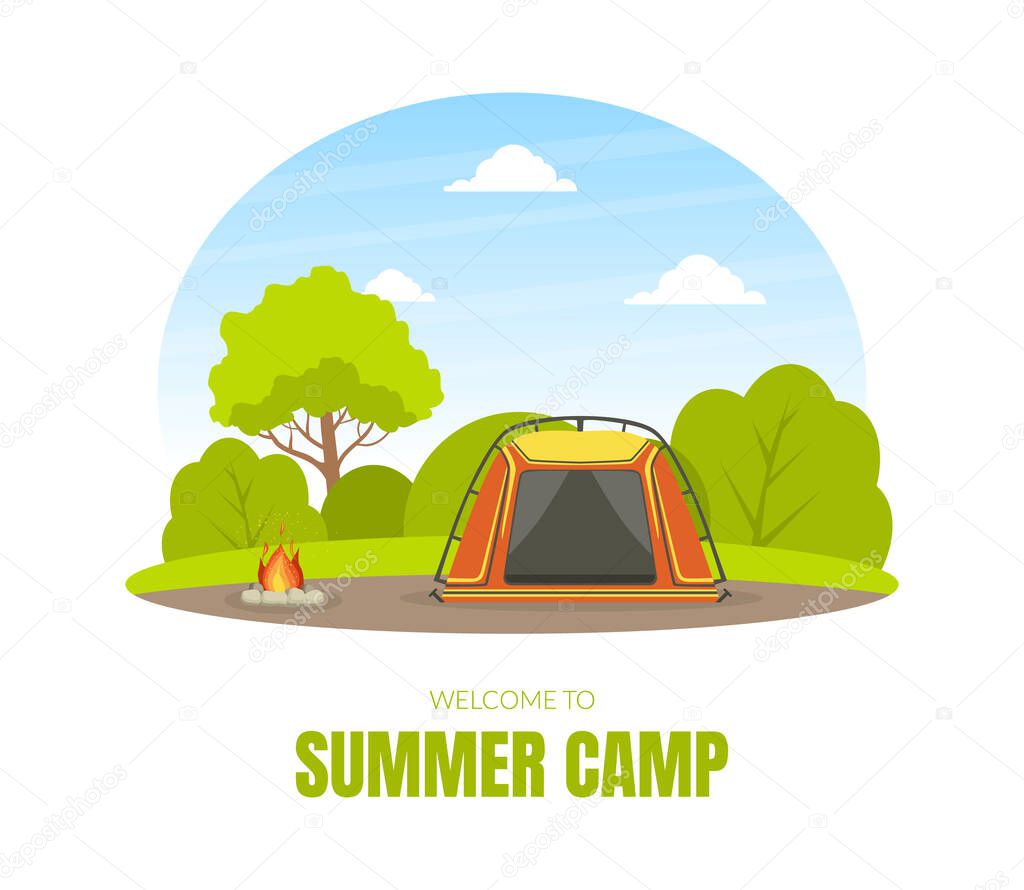Summer Camp, Tourist Tent on Summer Forest Landscape Vector Illustration