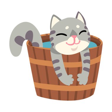 Gri Kedi Sıcak Bahar Banyosu, Komik Hayvan Hayvanları Tahta Fıçı Vektör illüstrasyonunda Spa Prosedürü