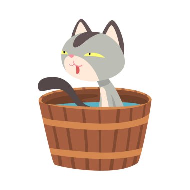 Japon Sıcak Bahar Banyosu yapan komik kedi, Tahta Fıçı, Onsen Vektör illüstrasyonunda Sevimli Hayvan Spa Prosedürü