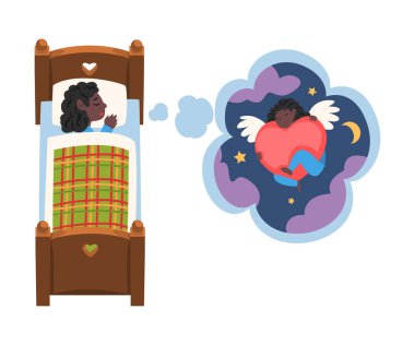 Sevimli Kız Yatakta Uyuyor ve Rüyasında Meleği KızıI Kalple Yıldızlı Gökyüzünde Rüyasında Gören Çocuk Yatakta Uyurken Tatlı Rüyalar Şekillendirmesi