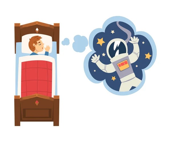 Garoto bonito dormindo na cama e sonhando com o astronauta em voar no espaço exterior, criança deitada na cama com doces sonhos ilustração vetorial — Vetor de Stock