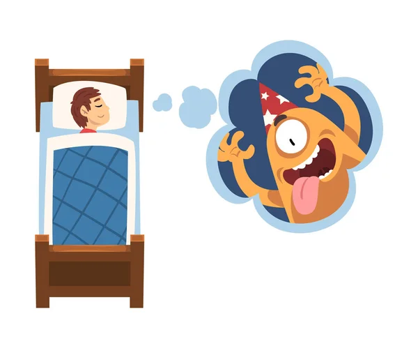 Menina bonito dormindo na cama e sonhando sobre monstro bonito em chapéu de festa, criança deitada na cama tendo doces sonhos Vector Ilustração —  Vetores de Stock