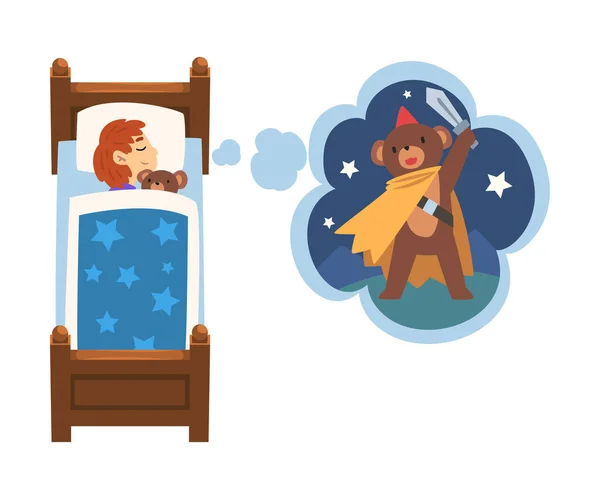 Schattig meisje slapen in bed en dromen over beer superheld met zwaard, kind liggend in bed met zoete dromen vector illustratie — Stockvector