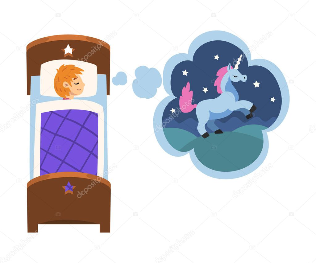 Cute Girl Sleeping in Bed and Dreaming About Unicorn Flying in Starry Sky, Kid Lying in Bed Having Sweet Dreams Vector Illustration