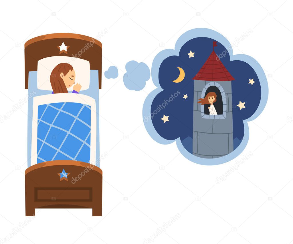 Cute Girl Sleeping in Bed and Dreaming About Princess Sitting in Castle Tower, Kid Lying in Bed Having Sweet Dreams Vector Illustration