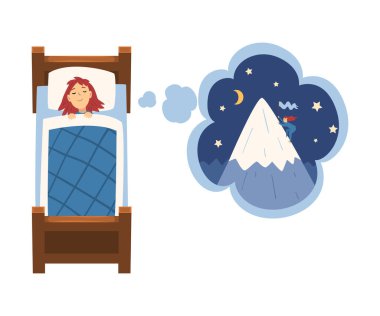 Tatlı Kız Yatakta Uyuyor ve Dağcılık Hakkında Hayal Kuruyor, Çocuk Yatakta Yatıyor Tatlı Rüyalar Şekillendiriyor