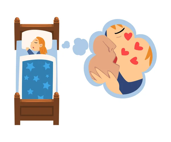 Roztomilá dívka spící v posteli a snění o polibky, dítě ležící v posteli se sladkými sny vektorové ilustrace — Stockový vektor