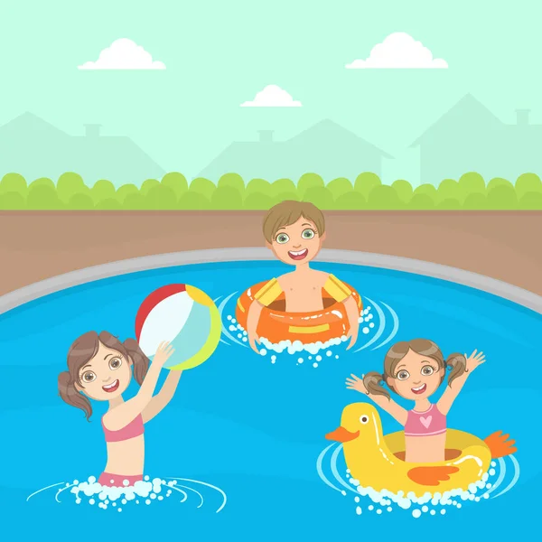 Glückliche kleine Jungen und Mädchen schwimmen und spielen Ball in einem Pool Vektor Illustration — Stockvektor