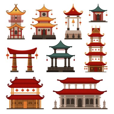 Geleneksel Çin Binaları Set, Pagoda, Antik Tapınak, Kapı, Kültürel Doğu Mimarisi Nesne Resimleri