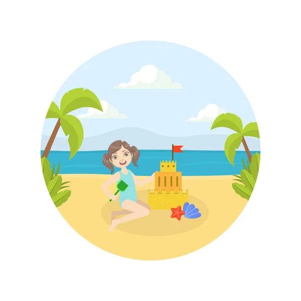 Linda niña haciendo castillo de arena en la playa en verano Vector ilustración — Archivo Imágenes Vectoriales