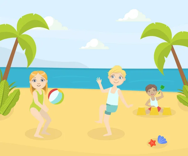 Boy and Girl Playing Ball and Having Fun on the Beach at Summertime Vector Illustration Vector illustratio — Stock Vector
