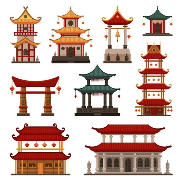 Edificios Tradicionales Chinos Conjunto, Pagoda, Templo Antiguo, Puerta, Cultural Oriental Arquitectura Objetos Vector Ilustración — Archivo Imágenes Vectoriales