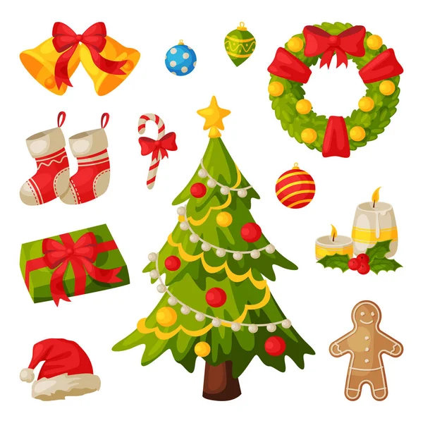 Vánoční a novoroční kolekce symbolů, tradiční sváteční dekorace vektorové ilustrace — Stockový vektor
