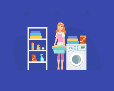 Çamaşır yıkayan Genç Kadın Çamaşır Makinesi İllüstrasyonunun Yanında Kirli Havzayla Duruyor