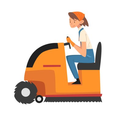 Çamaşır Makinesi ile yerleri temizleyen ve cilalayan genç bir kadın, mavi tulum ve lastik eldiven giymiş profesyonel kadın karakter, temizlik şirketi temsilcisi illüstrasyonu