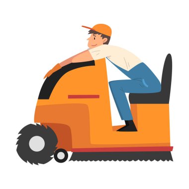 Erkek Temizlik Makinesi Yerleri Temizlemek ve cilalamak için, Profesyonel Erkek İşçi Karakteri Mavi Tulumlu, Lastik Eldiven ve Şapka Giyiyor, Temizlik Şirketi Personel Vektörü Resimleri