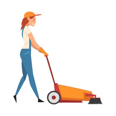 Profesyonel Temizlikçi Kadın Yer Temizleme Makinesi, Mavi Tulum Giyen Kadın İşçi Karakteri, Lastik Eldiven ve Şapka, Temizlik Kurumu Vektör İllüstrasyonu