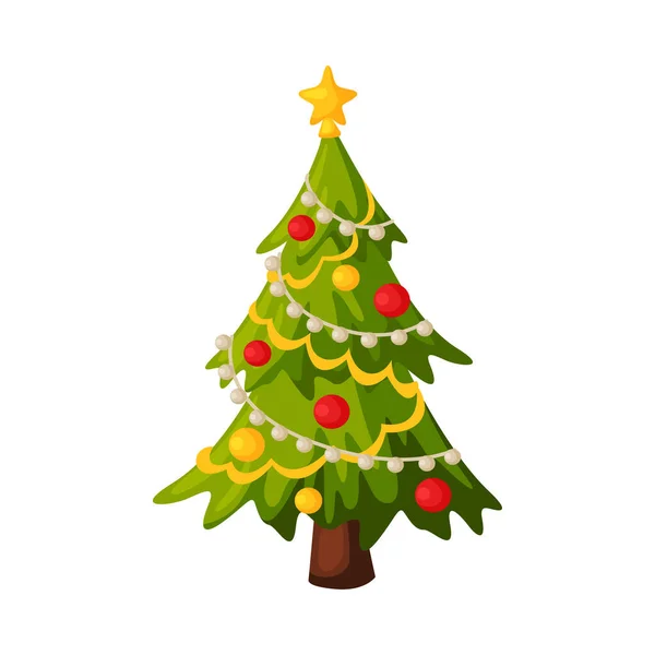 Albero di abete di Natale con decorazioni, Illustrazione vettoriale tradizionale del simbolo di festa di Capodanno — Vettoriale Stock