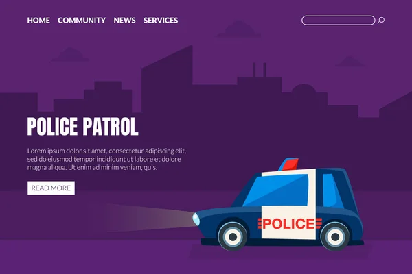 Polis Devriyesi İniş Sayfası Şablonu, Şehrin Arkaplanda Polis Arabası Manzara Web Sayfası, Uygulama Vektörü İllüzyonu — Stok Vektör