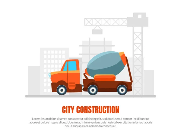 City Construction, Oil Industry Banner Template, Concrete Mixing Truck, Construction Machinery Equipment Vector Illustration — 스톡 벡터