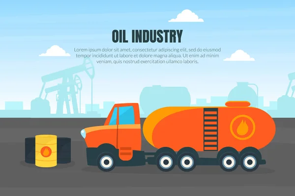 Modello di banner per l'industria petrolifera, camion da carico con serbatoio per il trasporto di liquidi Illustrazione vettoriale — Vettoriale Stock