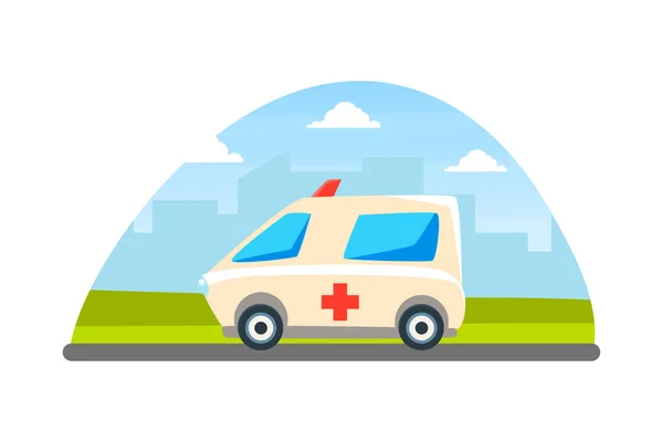Ambulans Aracı, Acil Tıbbi Servis Aracı Şehir Manzarası Arkaplan Vektör İllüstrasyonu — Stok Vektör