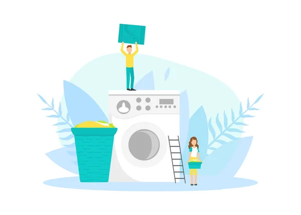 Orang-orang Kecil Memuat Mesin Cuci Besar di Ruang Laundry Ilustrasi Vektor - Stok Vektor