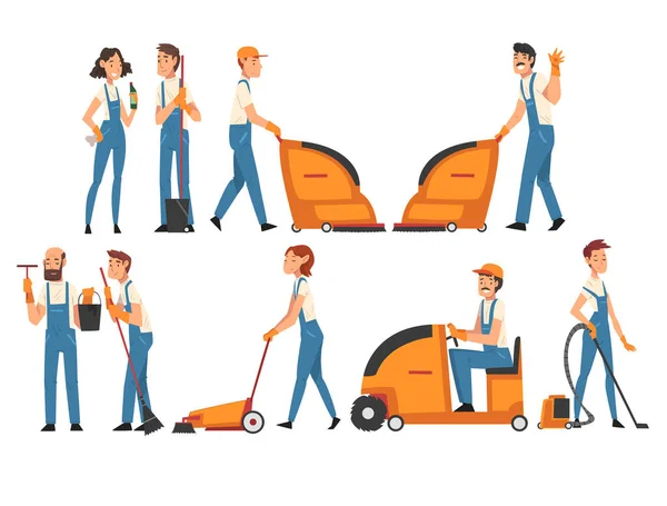 Cleaning Company Staff Collection, Professional Cleaning People Vacuuming, Washing, Sweeping, Mopping the Floor, Male and Female Workers Characters Dressed in Uniform Vector Illustration — Stock Vector