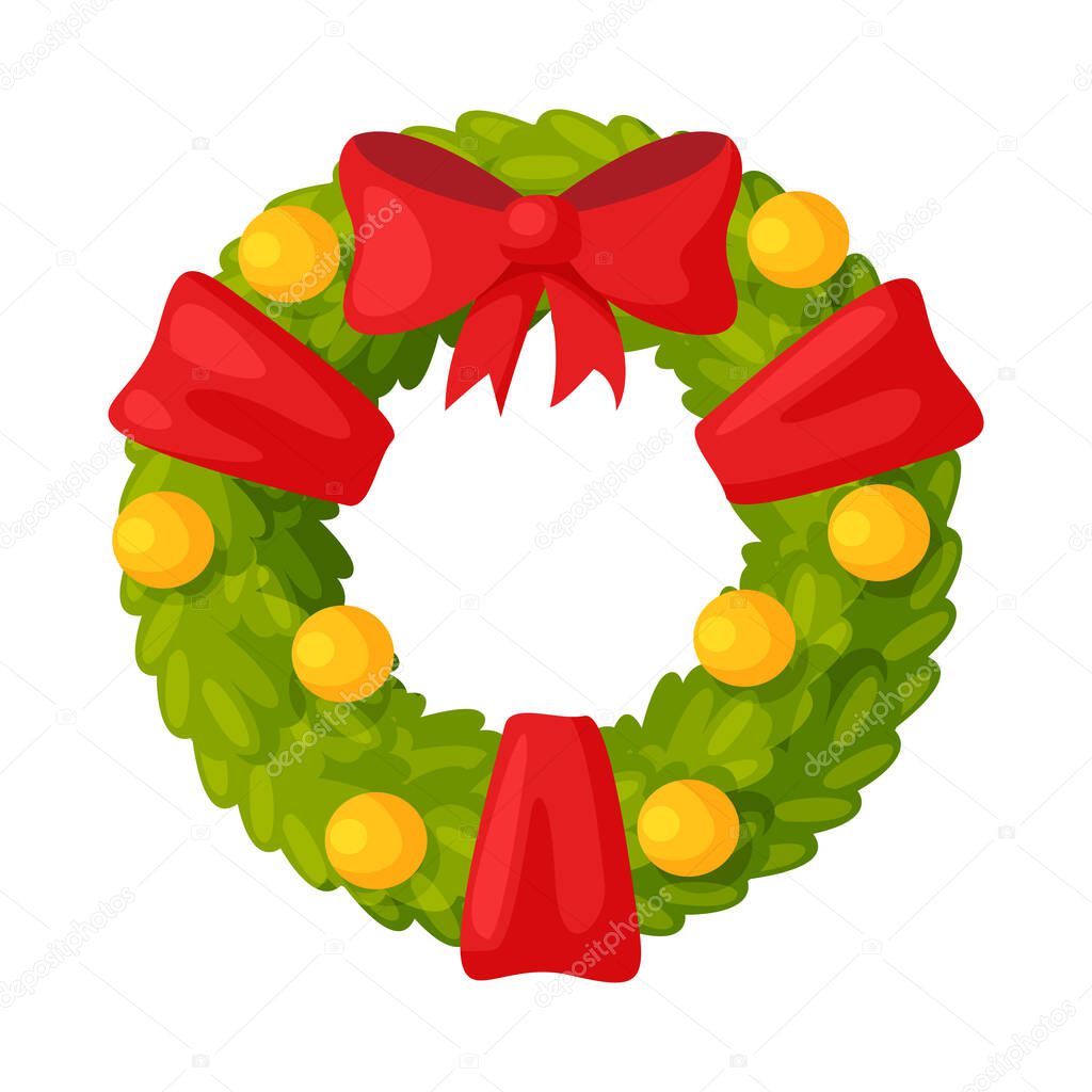Christmas Wreath with Ribbons, Balls and Red Bow, Winter Holiday Symbol, Traditional Holiday Decoration Vector Illustration